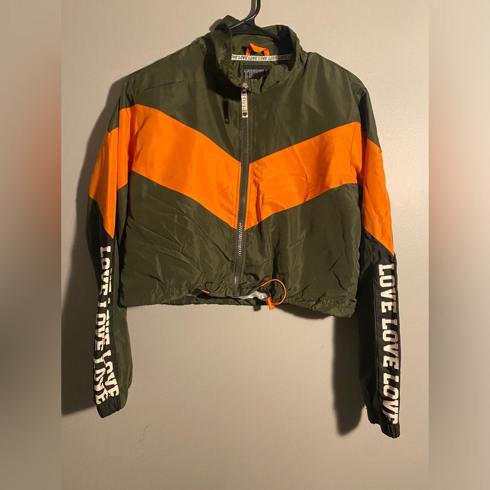 Item 54 Thrill 94 Love Olive Green and Bright Orange Cropped Bomber Jacket